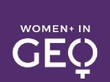 The purple and white Women+ in Geospatial logo.