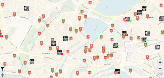 The MapComplete Postbox and Post Offices Theme - displaying these features in Hamburg, Germany. 😊